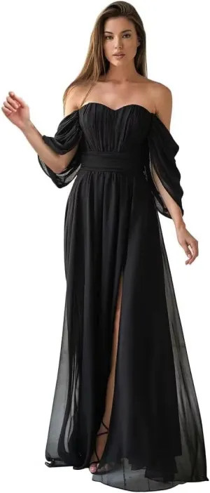 Off The Shoulder Bridesmaid Dresses with Slit Chiffon Sweetheart Ruched Long Formal Gown with Pockets IMC033