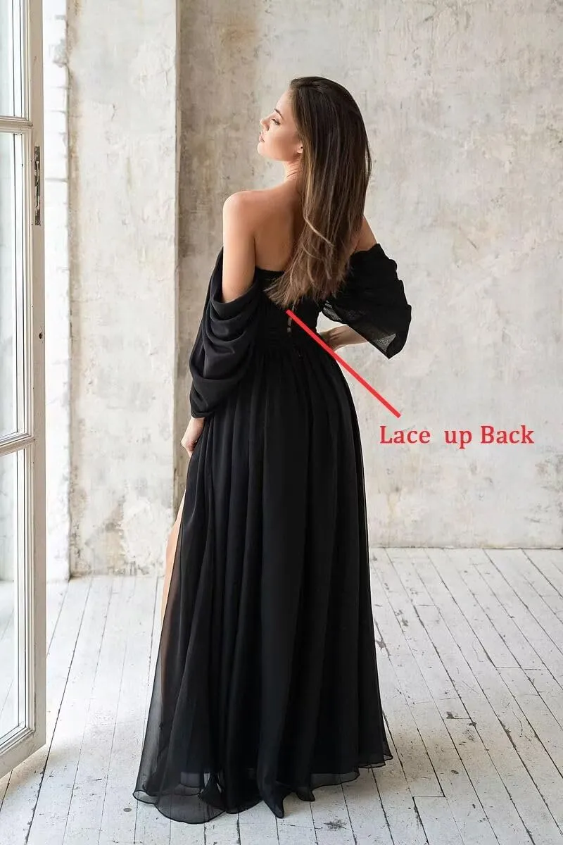 Off The Shoulder Bridesmaid Dresses with Slit Chiffon Sweetheart Ruched Long Formal Gown with Pockets IMC033