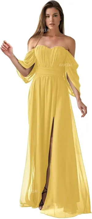 Off The Shoulder Chiffon Bridesmaid Dresses for Women with Slit 2025 A-Line Ruched Formal Prom Long Evening Dress