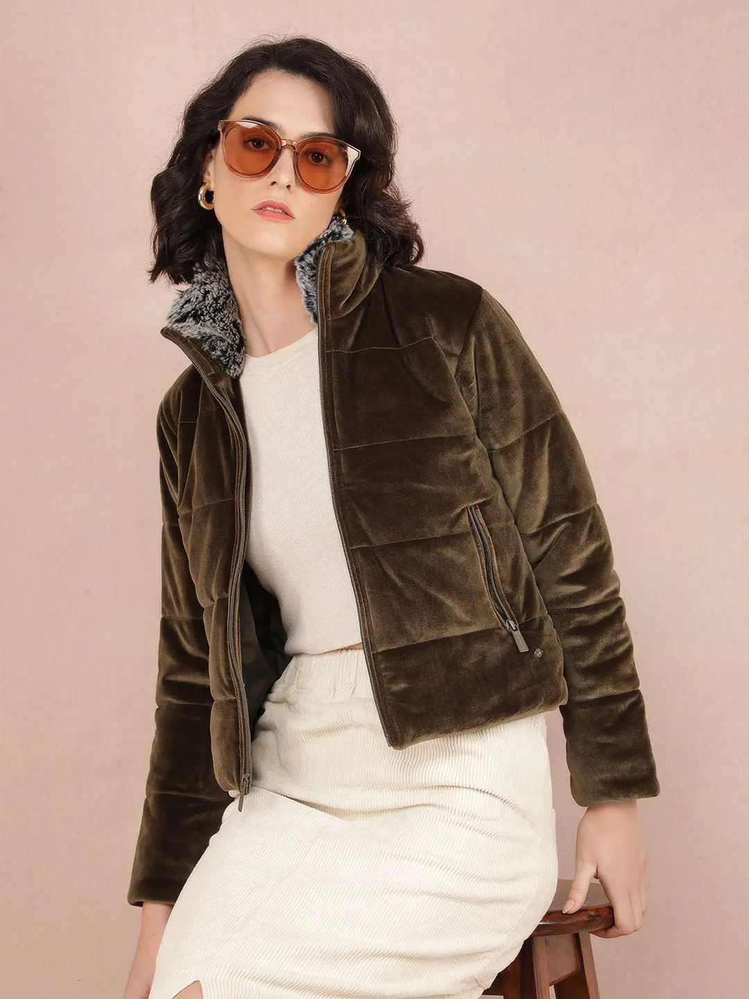 Olive Quilted High Neck Jacket