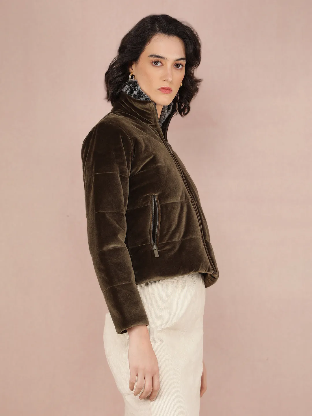 Olive Quilted High Neck Jacket