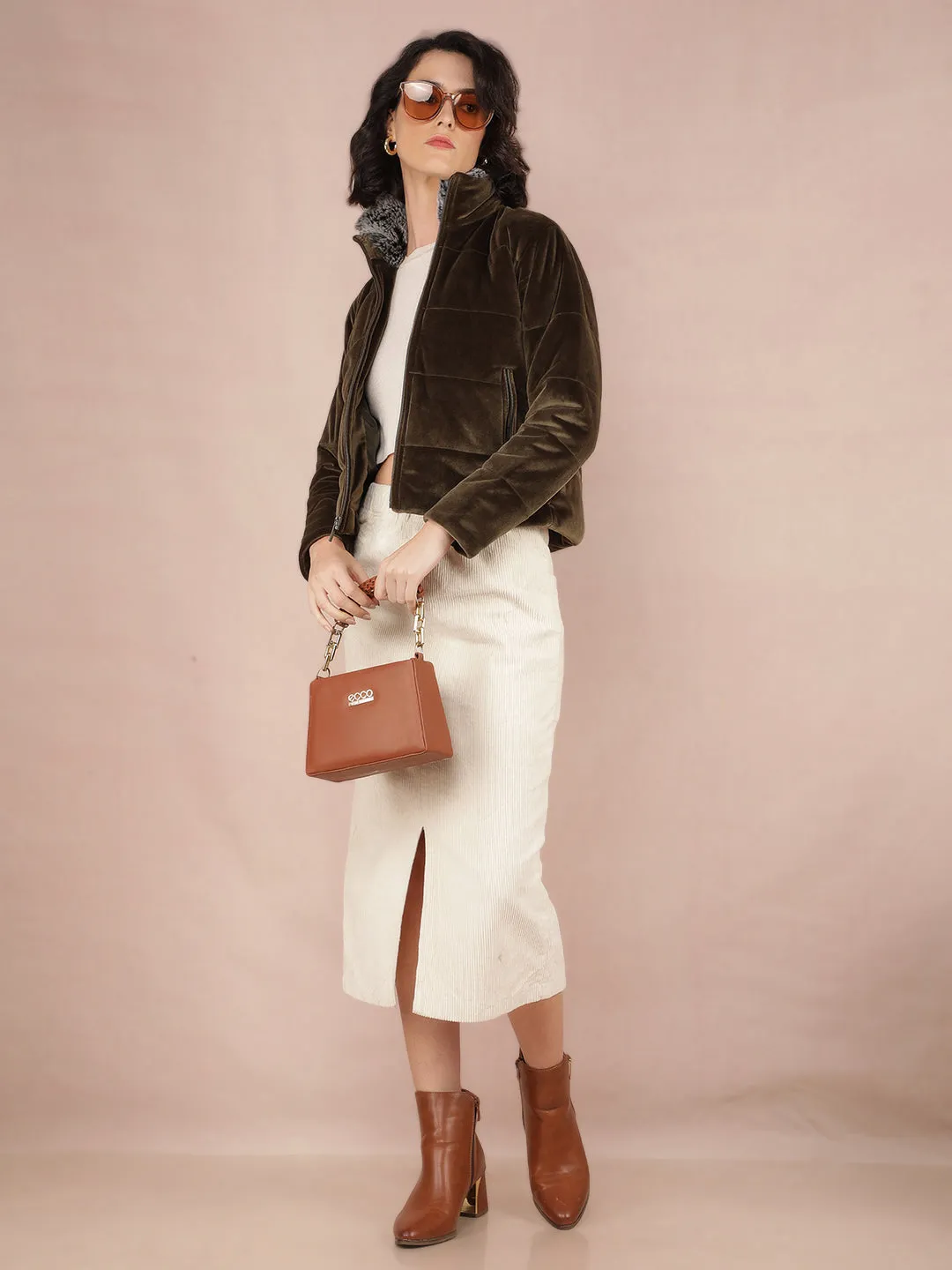 Olive Quilted High Neck Jacket