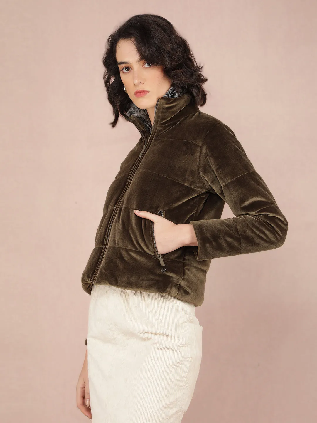 Olive Quilted High Neck Jacket