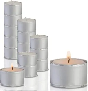 Omfoo Smokeless Tea Lights Unscented Pressed Wax Candles 8-9 Hour Approx Burning Time Paraffin Wax Mega T Light Candle for Home Decor, First Night of Marriage Decor, Wedding Receptions (Pack of 50)