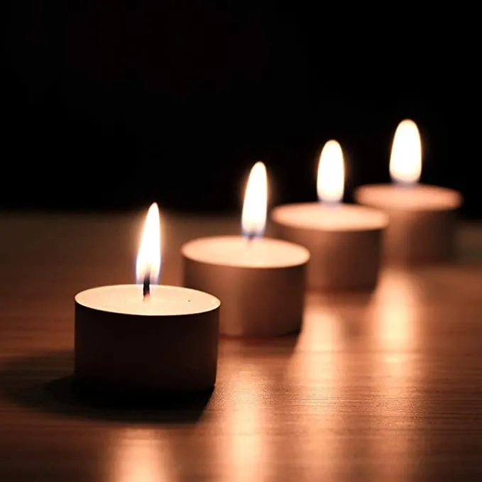 Omfoo Smokeless Tea Lights Unscented Pressed Wax Candles 8-9 Hour Approx Burning Time Paraffin Wax Mega T Light Candle for Home Decor, First Night of Marriage Decor, Wedding Receptions (Pack of 50)