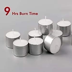 Omfoo Smokeless Tea Lights Unscented Pressed Wax Candles 8-9 Hour Approx Burning Time Paraffin Wax Mega T Light Candle for Home Decor, First Night of Marriage Decor, Wedding Receptions (Pack of 50)