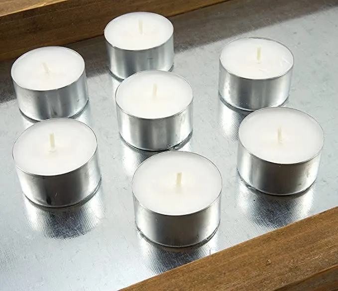 Omfoo Smokeless Tea Lights Unscented Pressed Wax Candles 8-9 Hour Approx Burning Time Paraffin Wax Mega T Light Candle for Home Decor, First Night of Marriage Decor, Wedding Receptions (Pack of 50)