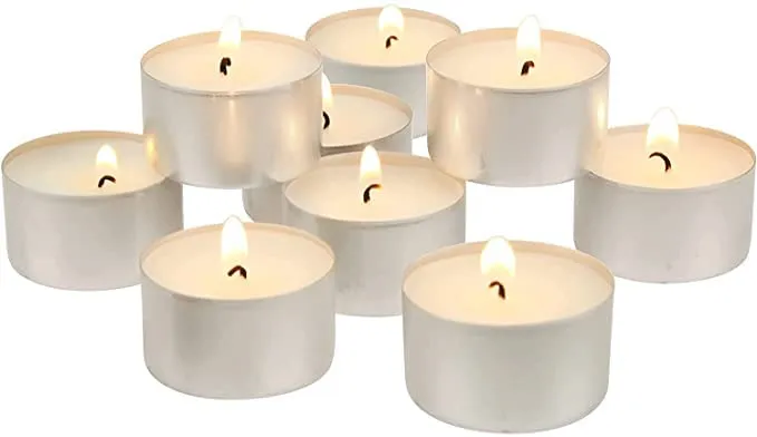 Omfoo Smokeless Tea Lights Unscented Pressed Wax Candles 8-9 Hour Approx Burning Time Paraffin Wax Mega T Light Candle for Home Decor, First Night of Marriage Decor, Wedding Receptions (Pack of 50)