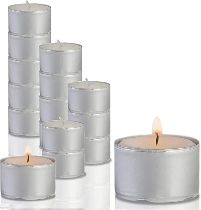 Omfoo Smokeless Tea Lights Unscented Pressed Wax Candles 8-9 Hour Approx Burning Time Paraffin Wax Mega T Light Candle for Home Decor, First Night of Marriage Decor, Wedding Receptions (Pack of 50)