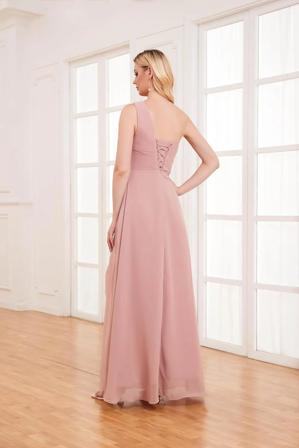 One Shoulder Bridesmaid Dress Long Ruched Chiffon A Line Evening Formal Gown with Slit