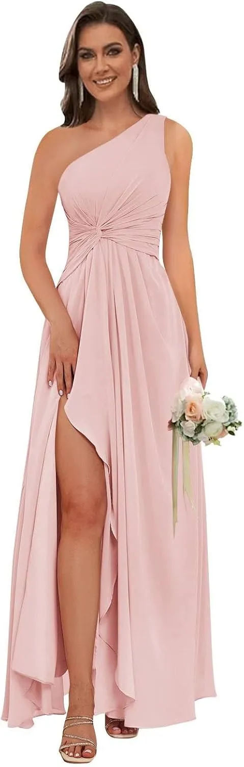 One Shoulder Bridesmaid Dress Long Ruched Chiffon A Line Evening Formal Gown with Slit