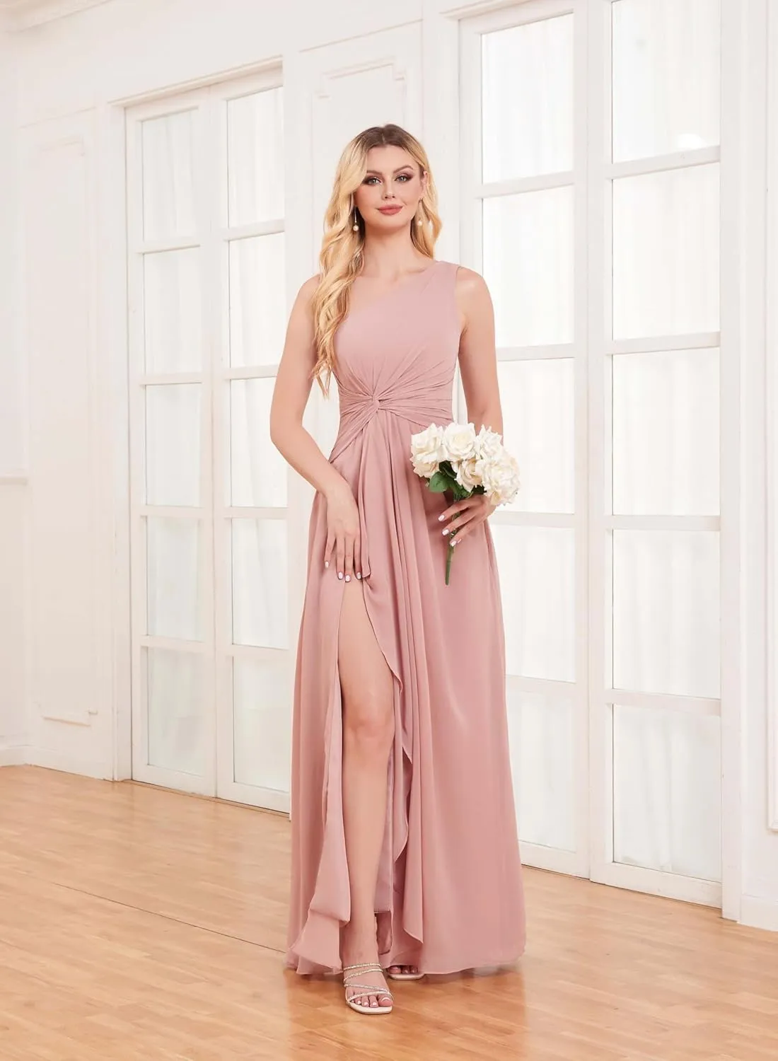 One Shoulder Bridesmaid Dress Long Ruched Chiffon A Line Evening Formal Gown with Slit