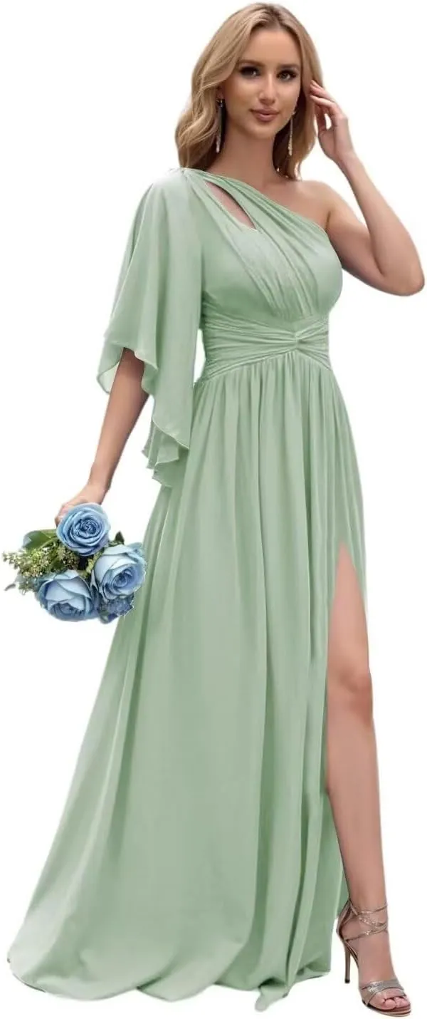 One Shoulder Bridesmaid Dresses 2025 Ruffled Chiffon Pleated Formal Evening Gowns with Slit