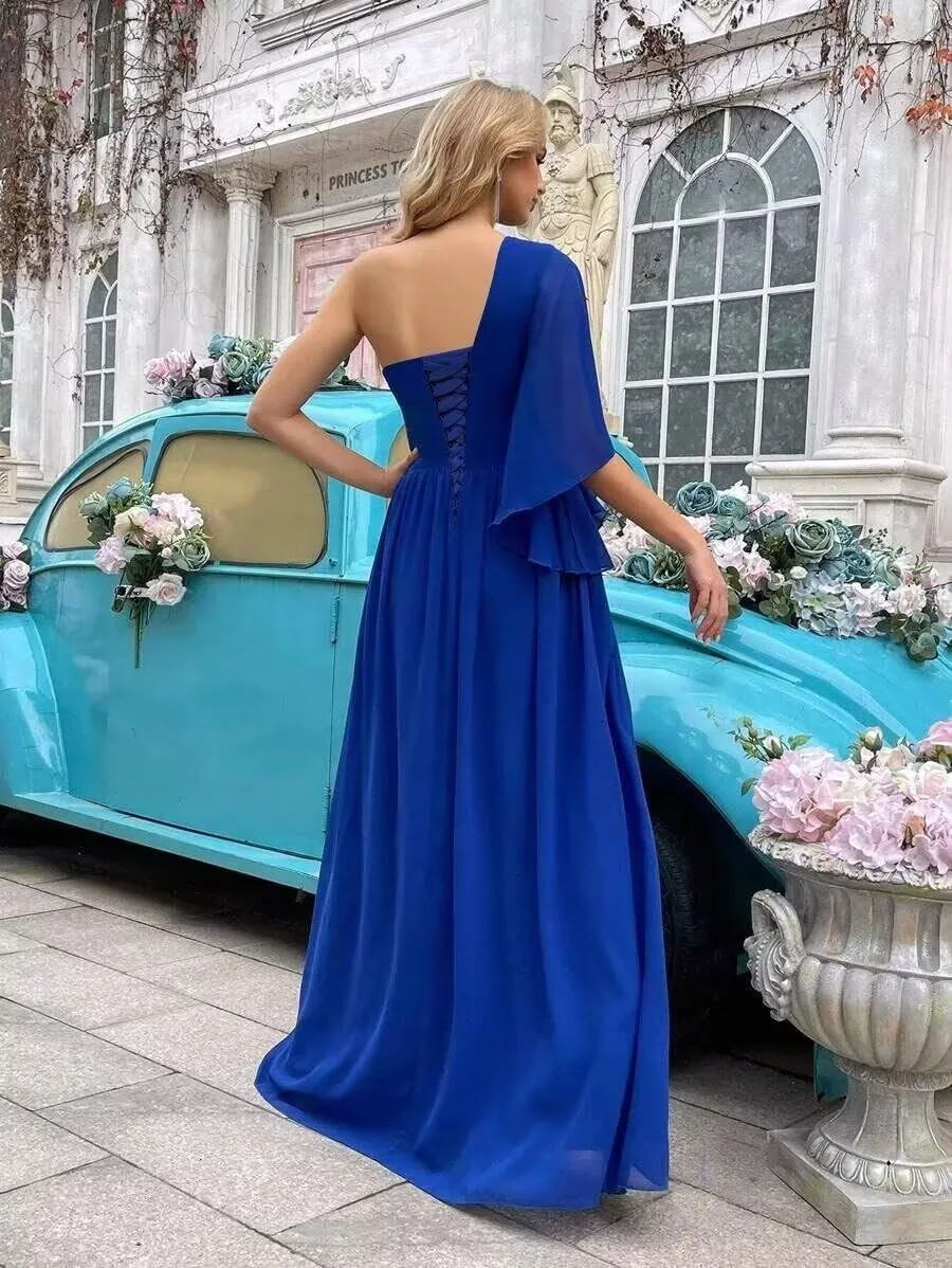 One Shoulder Bridesmaid Dresses 2025 Ruffled Chiffon Pleated Formal Evening Gowns with Slit
