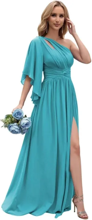 One Shoulder Bridesmaid Dresses 2025 Ruffled Chiffon Pleated Formal Evening Gowns with Slit