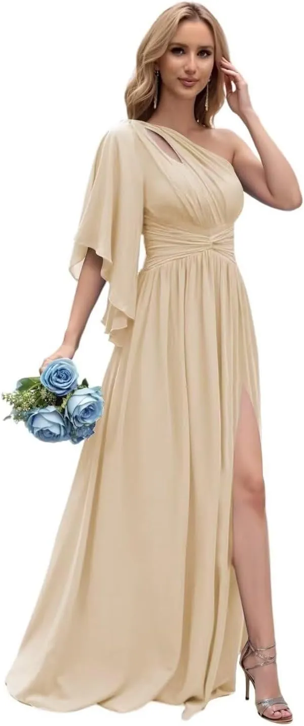 One Shoulder Bridesmaid Dresses 2025 Ruffled Chiffon Pleated Formal Evening Gowns with Slit