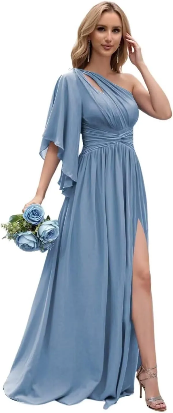 One Shoulder Bridesmaid Dresses 2025 Ruffled Chiffon Pleated Formal Evening Gowns with Slit
