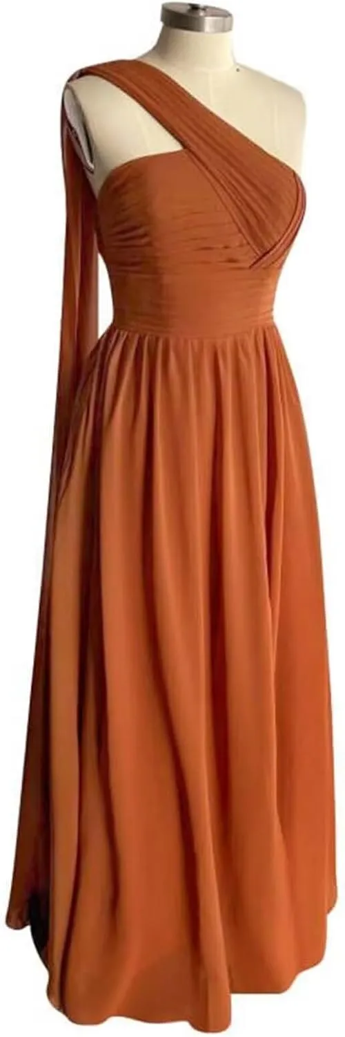 One Shoulder Bridesmaid Dresses for Wedding with Pockets Split Long Formal Prom Evening Dress