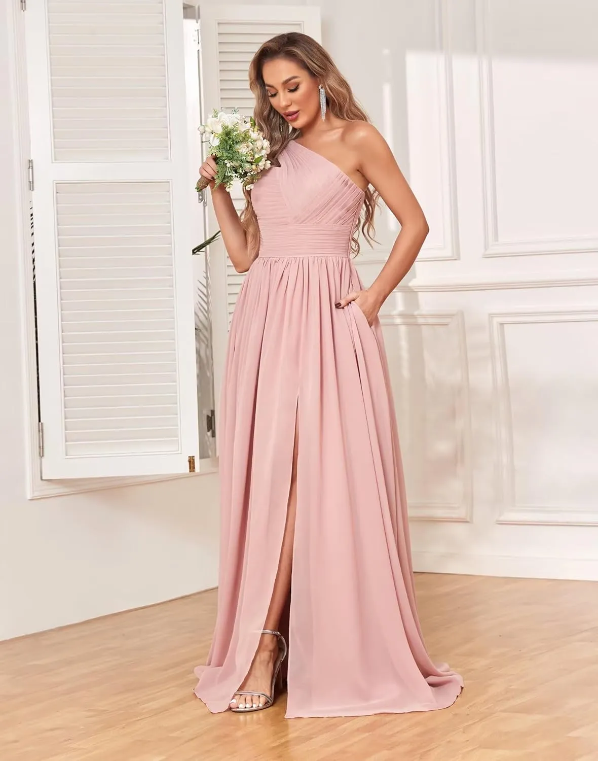 One Shoulder Bridesmaid Dresses for Wedding with Pockets Split Long Formal Prom Evening Dress