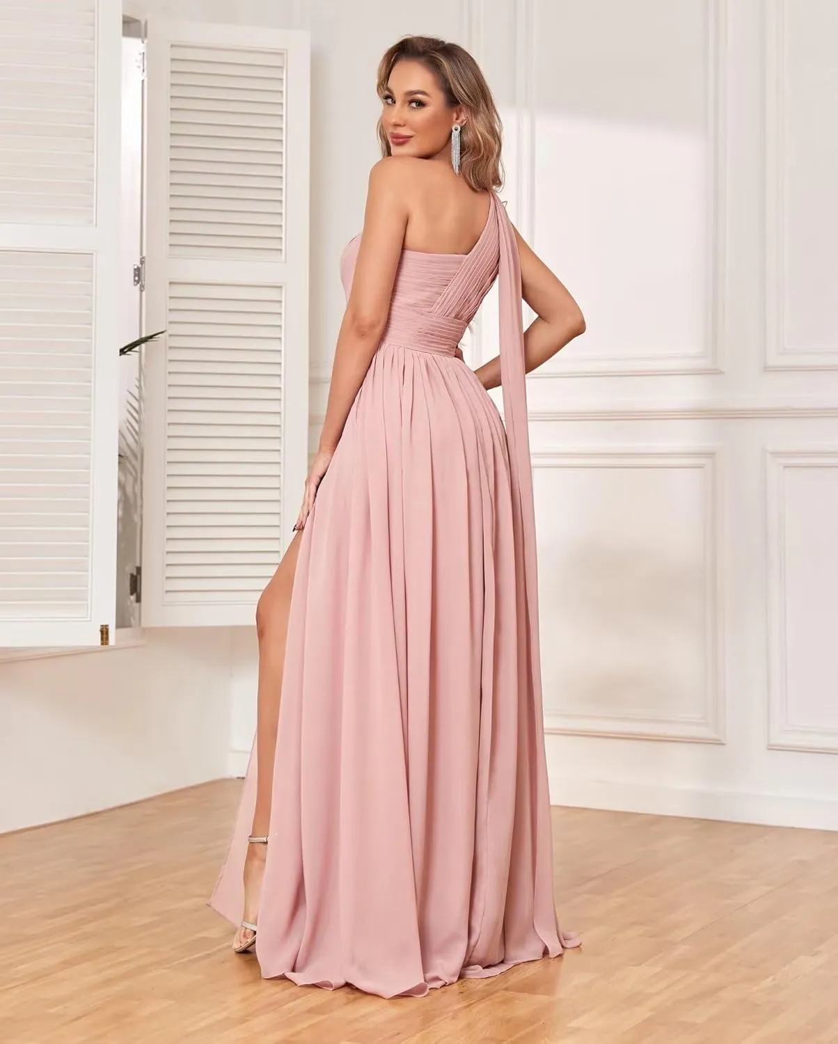 One Shoulder Bridesmaid Dresses for Wedding with Pockets Split Long Formal Prom Evening Dress