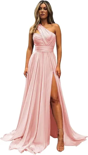 One Shoulder Bridesmaid Dresses for Wedding with Pockets Split Long Formal Prom Evening Dress