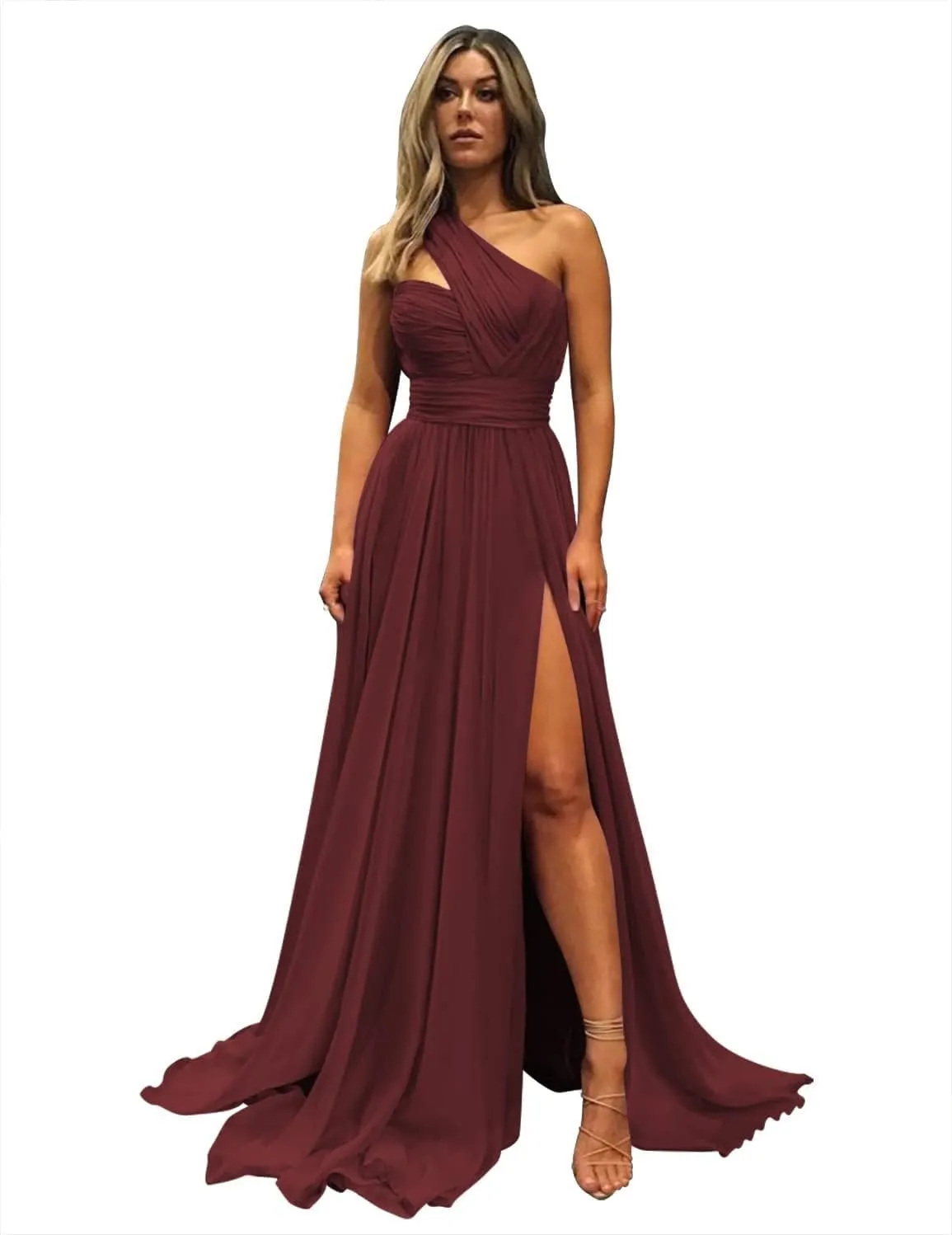 One Shoulder Bridesmaid Dresses for Women 2024 Chiffon Long Prom Dress A Line Formal Dress with Pockets QM106