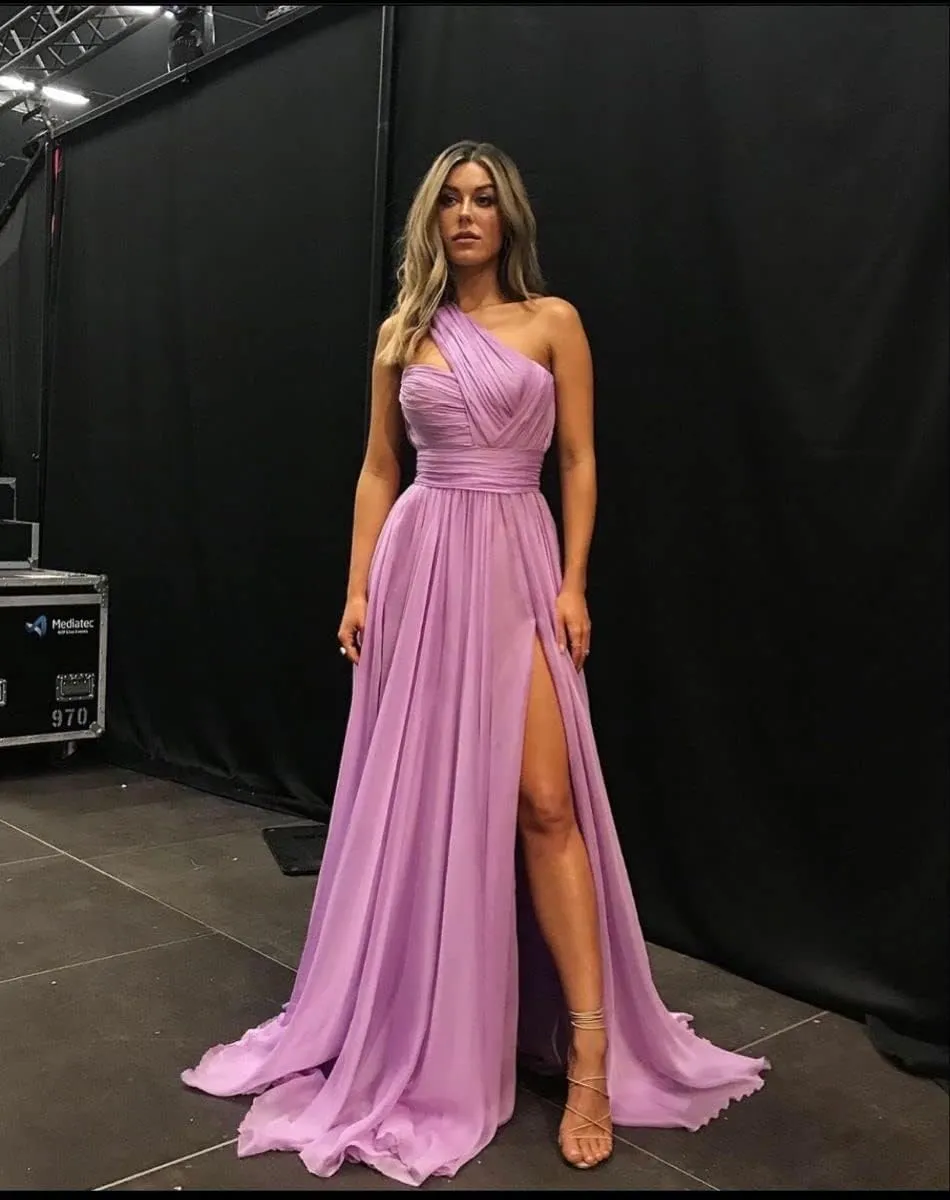 One Shoulder Bridesmaid Dresses for Women 2024 Chiffon Long Prom Dress A Line Formal Dress with Pockets QM106