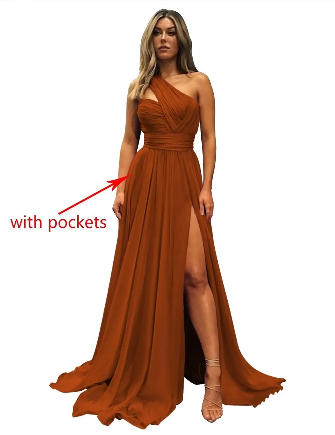 One Shoulder Bridesmaid Dresses for Women 2024 Chiffon Long Prom Dress A Line Formal Dress with Pockets QM106