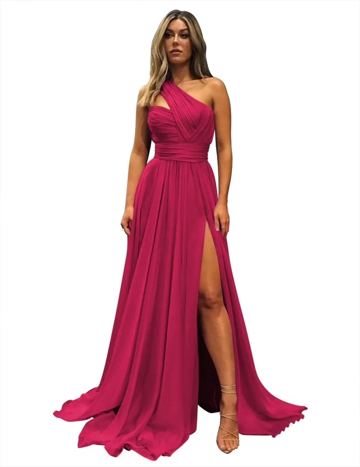One Shoulder Bridesmaid Dresses for Women 2024 Chiffon Long Prom Dress A Line Formal Dress with Pockets QM106