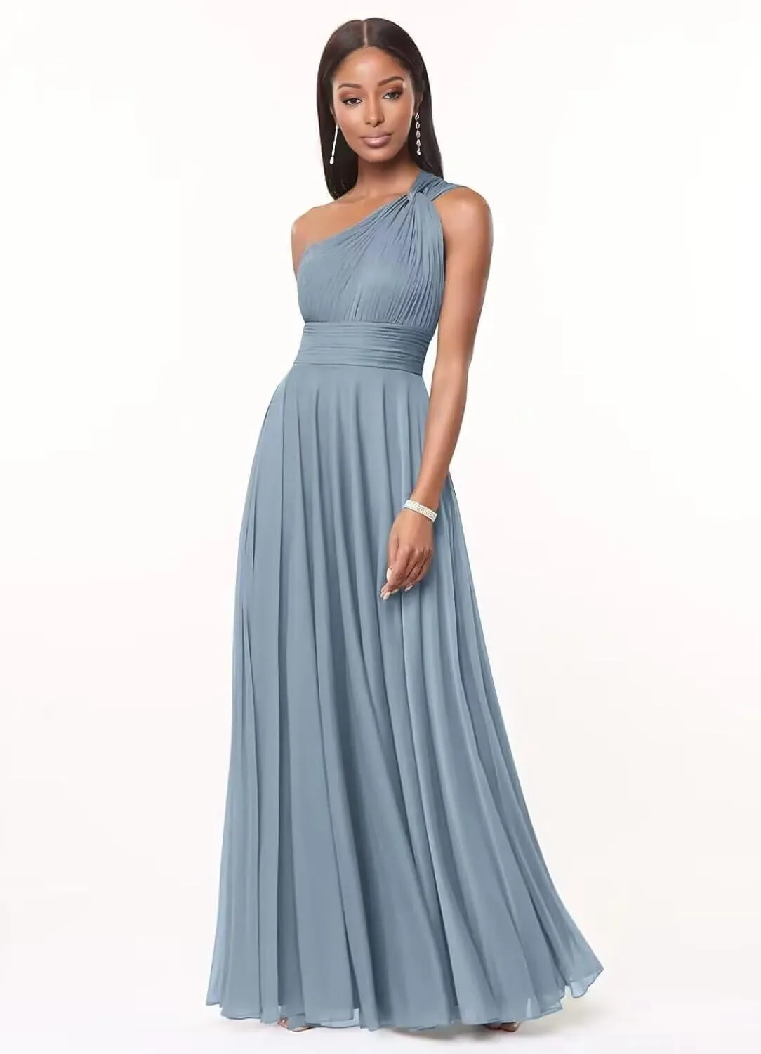 One Shoulder Bridesmaid Dresses for Women Long Prom Dress with Pockets Pleated Chiffon Formal Party Gowns