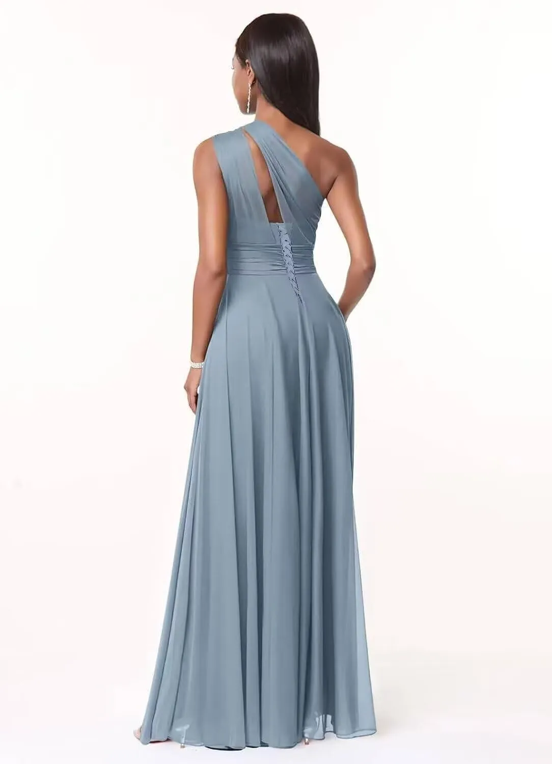 One Shoulder Bridesmaid Dresses for Women Long Prom Dress with Pockets Pleated Chiffon Formal Party Gowns