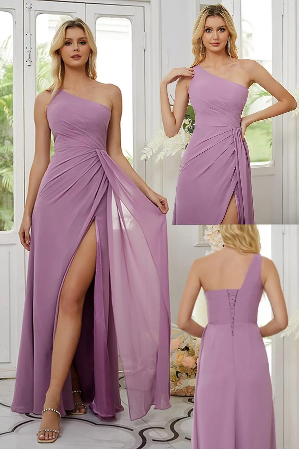 One Shoulder Bridesmaid Dresses for Women Long Ruched Chiffon A Line Formal Evening Dress with Slit KY001