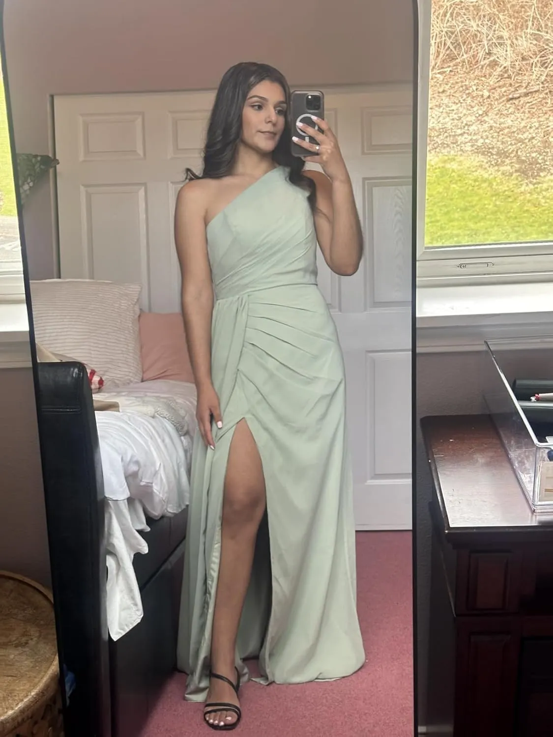 One Shoulder Bridesmaid Dresses for Women Long Ruched Chiffon A Line Formal Evening Dress with Slit KY001