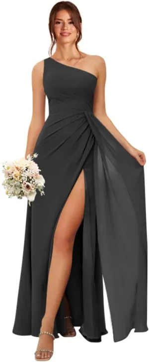 One Shoulder Bridesmaid Dresses for Women Long Ruched Chiffon A Line Formal Evening Dress with Slit KY001