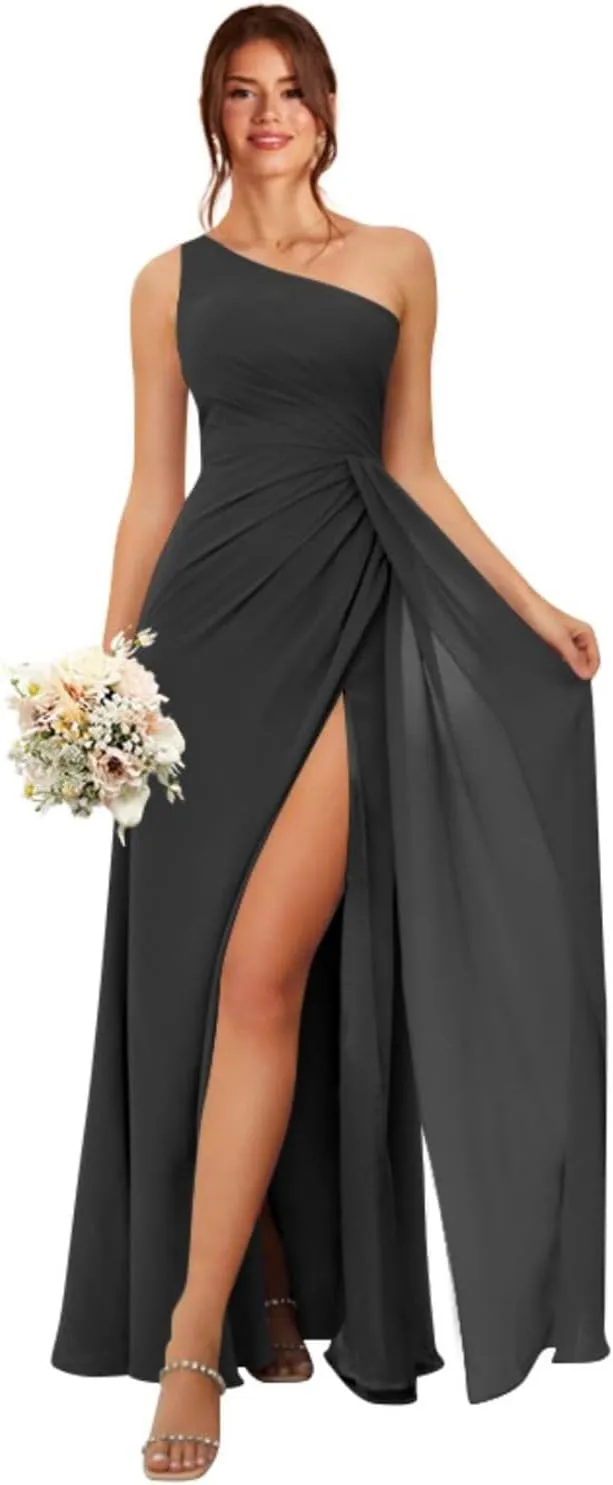 One Shoulder Bridesmaid Dresses for Women Long Ruched Chiffon A Line Formal Evening Dress with Slit KY001