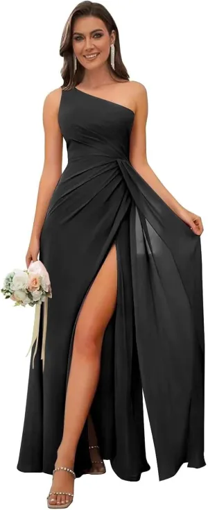 One Shoulder Bridesmaid Dresses for Women Ruched Chiffon A Line Evening Formal Gown with Slit