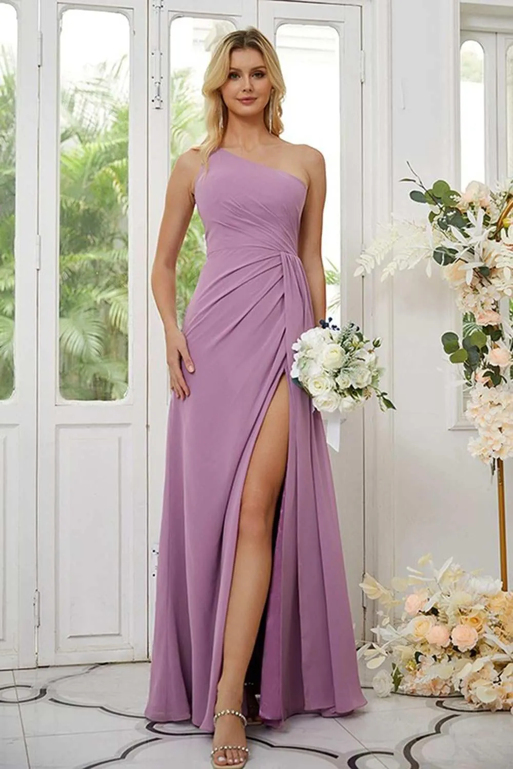One Shoulder Bridesmaid Dresses for Women Ruched Chiffon A Line Evening Formal Gown with Slit