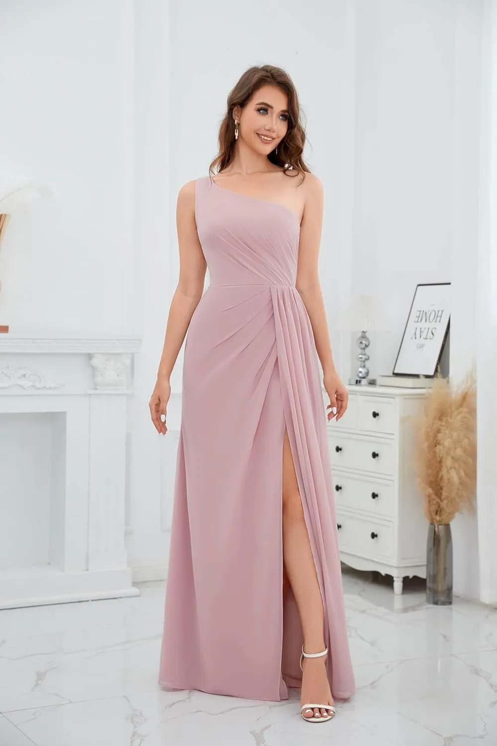 One Shoulder Bridesmaid Dresses for Women Ruched Chiffon A Line Evening Formal Gown with Slit