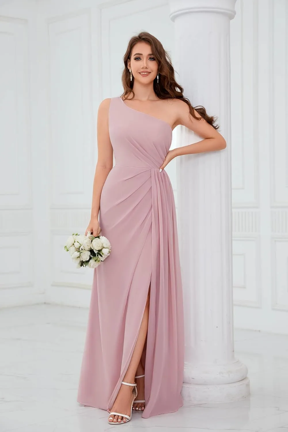 One Shoulder Bridesmaid Dresses for Women Ruched Chiffon A Line Evening Formal Gown with Slit
