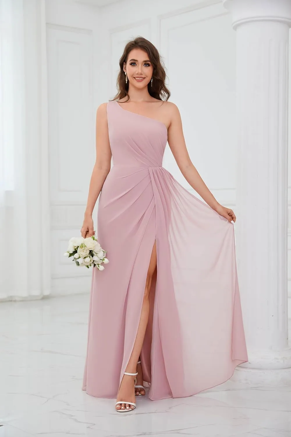 One Shoulder Bridesmaid Dresses for Women Ruched Chiffon A Line Evening Formal Gown with Slit