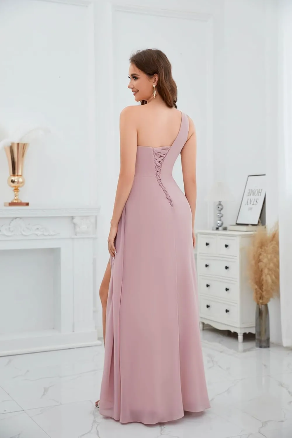 One Shoulder Bridesmaid Dresses for Women Ruched Chiffon A Line Evening Formal Gown with Slit