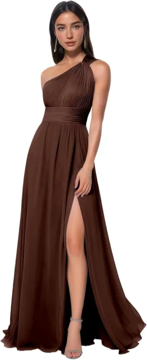 One Shoulder Bridesmaid Dresses Long Prom Dress with Slit Ruched Chiffon Evening Party Dress with Pockets