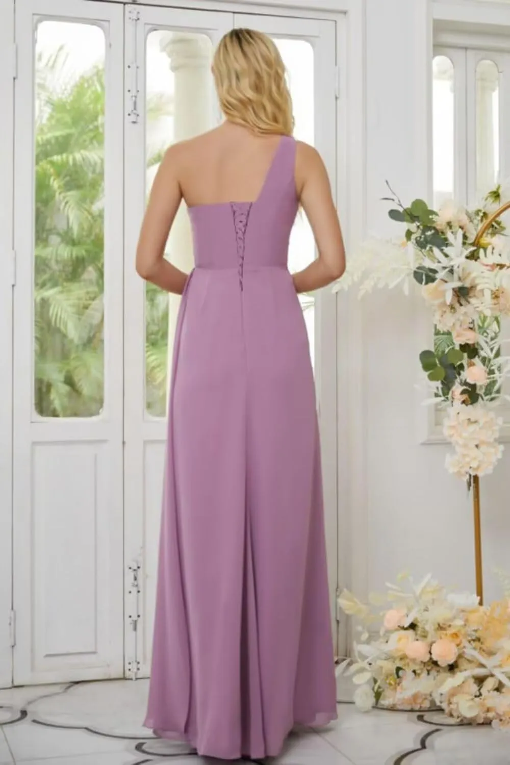 One Shoulder Bridesmaid Dresses Slit Chiffon Evening Formal Dresses with Pockets