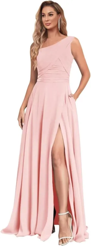 One Shoulder Bridesmaid Dresses Slit Chiffon Evening Formal Dresses with Pockets