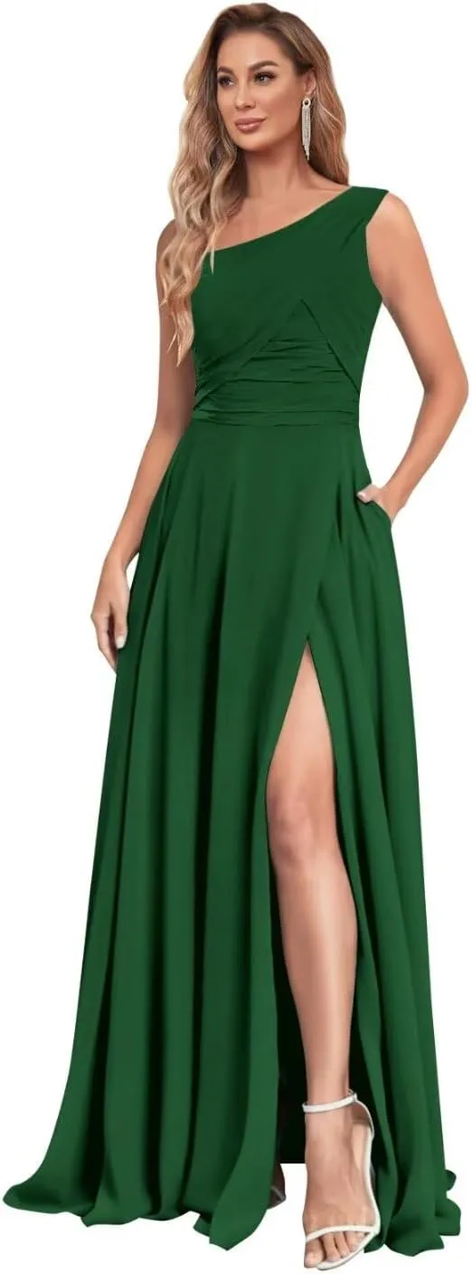 One Shoulder Bridesmaid Dresses Slit Chiffon Evening Formal Dresses with Pockets