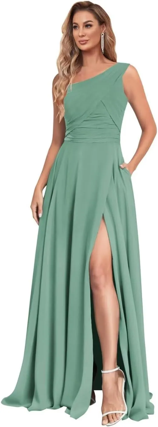 One Shoulder Bridesmaid Dresses Slit Chiffon Evening Formal Dresses with Pockets