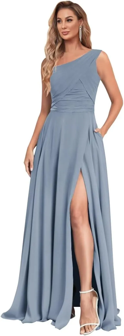One Shoulder Bridesmaid Dresses Slit Chiffon Evening Formal Dresses with Pockets