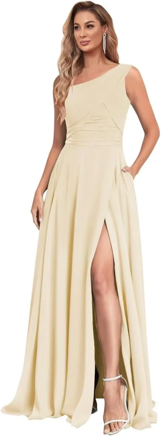 One Shoulder Bridesmaid Dresses Slit Chiffon Evening Formal Dresses with Pockets