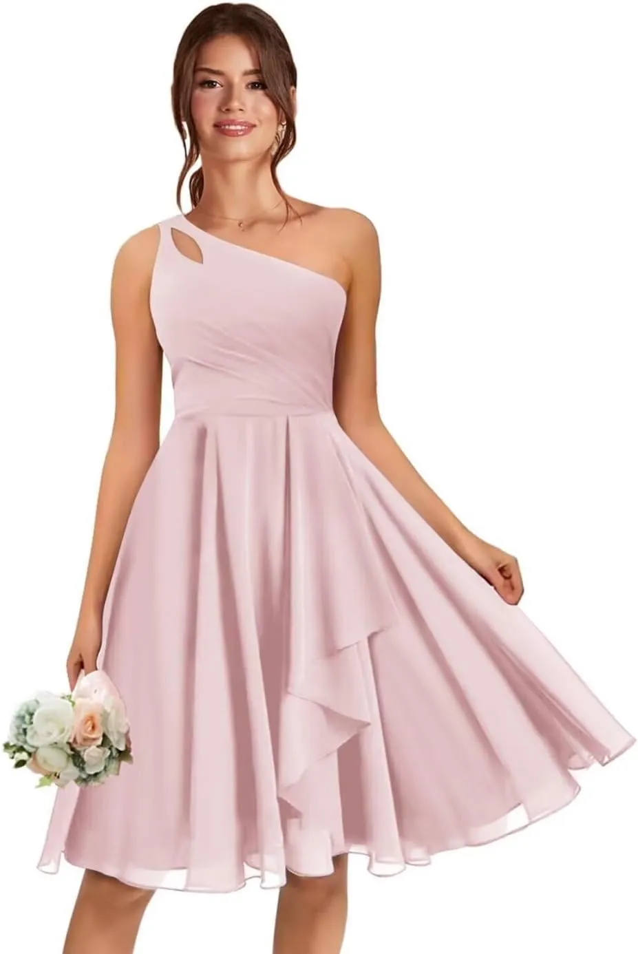 One Shoulder Short Bridesmaid Dresses A Line Keyhole Ruffled Chiffon Formal Evening Dress