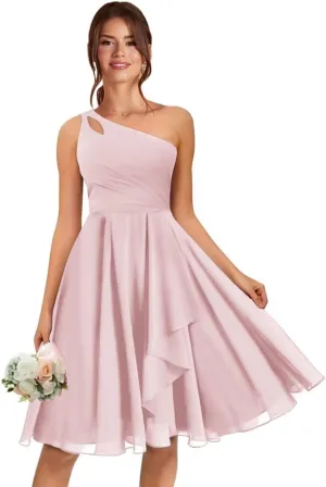 One Shoulder Short Bridesmaid Dresses A Line Keyhole Ruffled Chiffon Formal Evening Dress